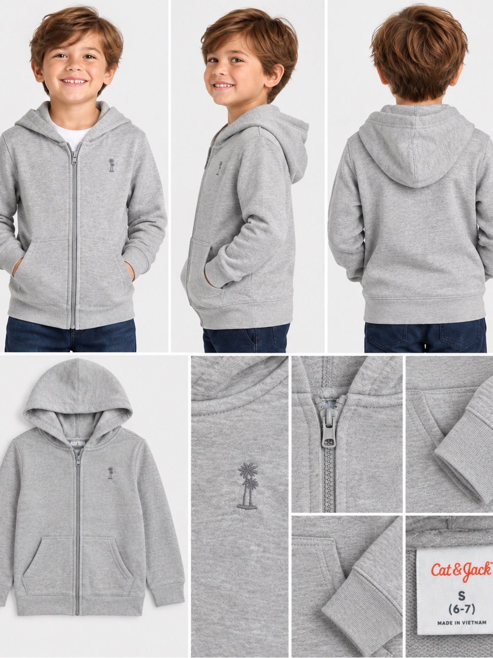 Cat & Jack Light Gray Zip-Up Hoodie with Palm Tree Logo